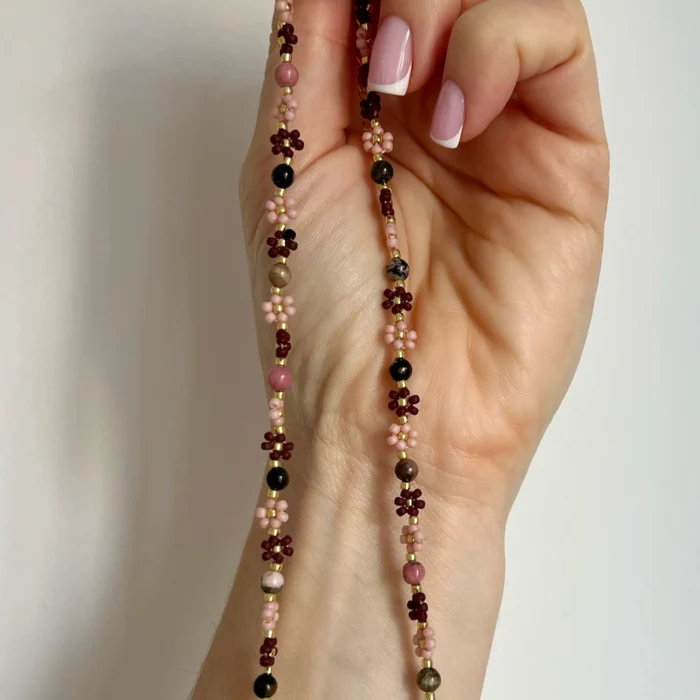CHOKER MINI STOKROTKI BRĄZ & RÓŻ & RODONIT