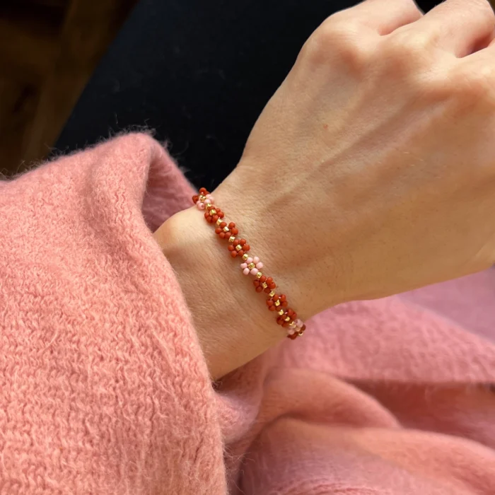 BRANSOLETKA MINI STOKROTKI CEGLASTO – RÓŻOWE