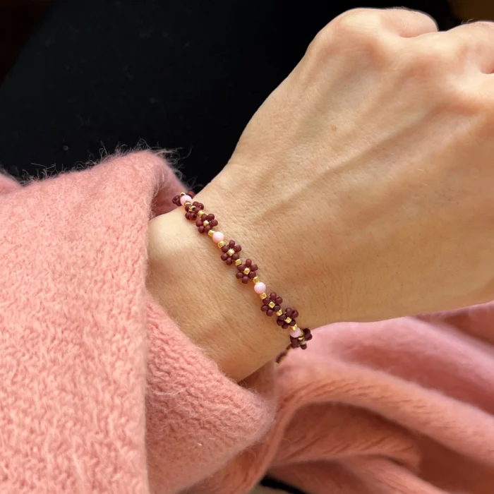 BRANSOLETKA MINI STOKROTKI BRĄZ & RÓŻOWA MASA PERŁOWA