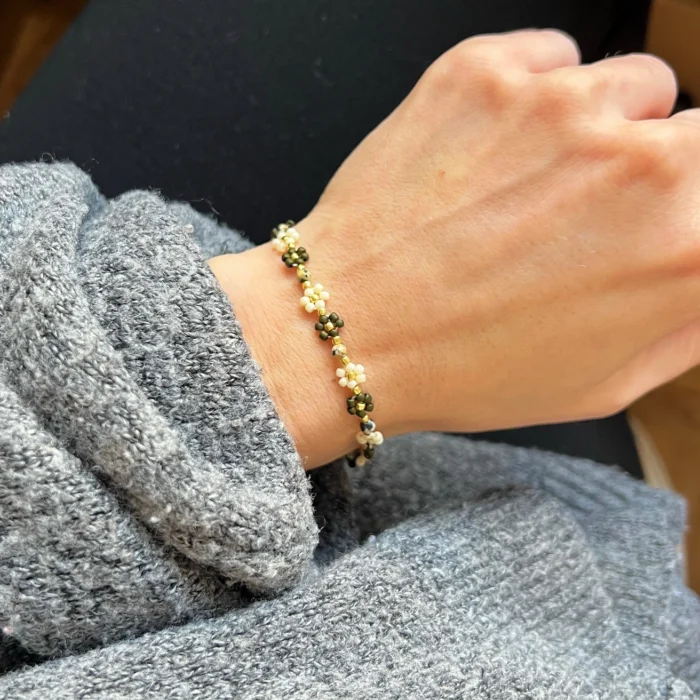 BRANSOLETKA MINI STOKROTKI BEŻ & KHAKI & JASPIS